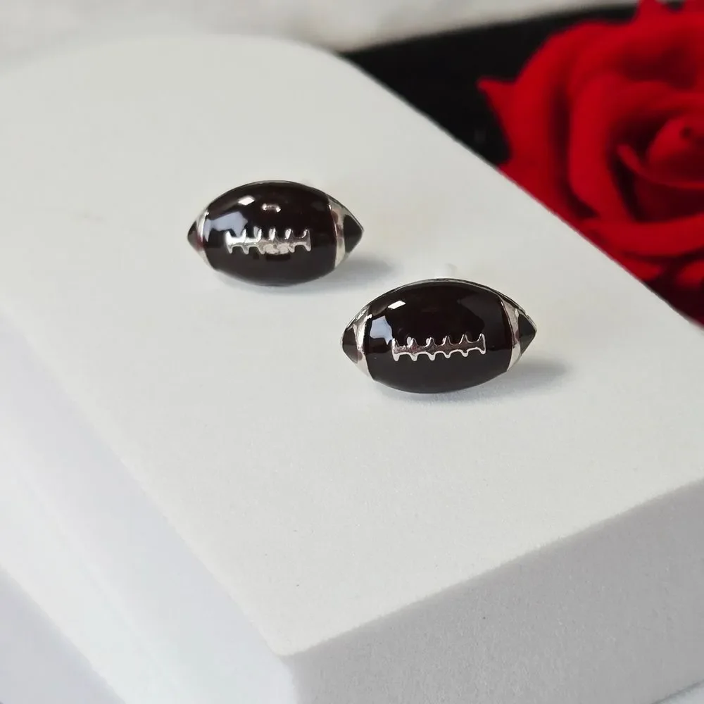 Football Stud Earrings Brown Enamel Silver Sports Studs Team Spirit Fan Jewelry